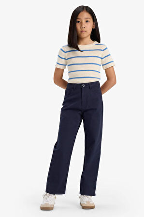 Kız Çocuk Straight Fit Geniş Bol Paça Cepli Pamuklu Okul Pantolonu