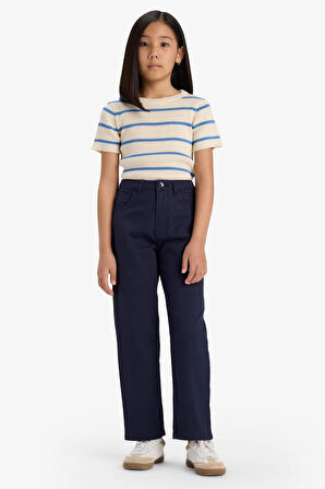 Kız Çocuk Straight Fit Geniş Bol Paça Cepli Pamuklu Okul Pantolonu