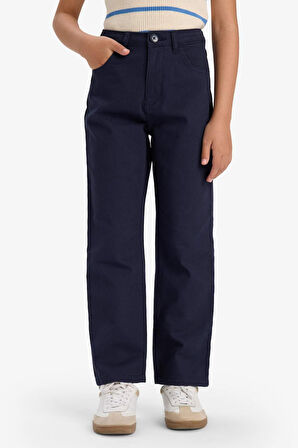 Kız Çocuk Straight Fit Geniş Bol Paça Cepli Pamuklu Okul Pantolonu