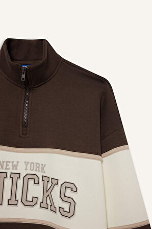 DeFactoFit NBA New York Knicks Oversize Fit Yarım Fermuarlı Sporcu Sweatshirt