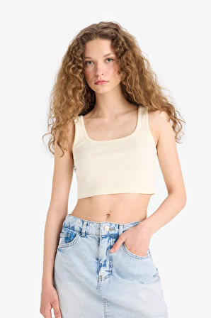 Fitted Kare Yaka Fitilli Kaşkorse Crop Atlet