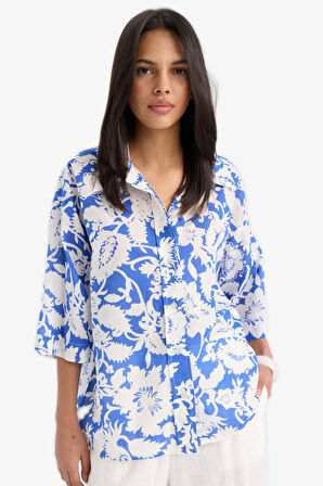 Oversize Geniş Kalıp Gömlek Yaka Floral Vual Kısa Kollu Gömlek