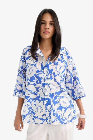 Oversize Geniş Kalıp Gömlek Yaka Floral Vual Kısa Kollu Gömlek