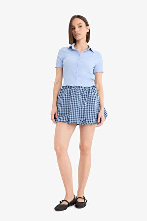 Coool Balloon Fit Kareli Normal Bel Tafta Mini Etek