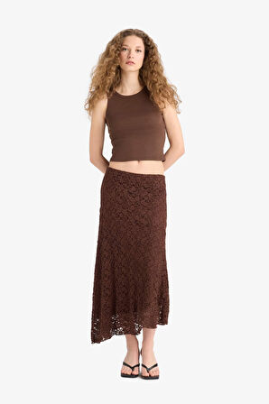 Asimetrik Yüksek Bel Dantel Maxi Etek