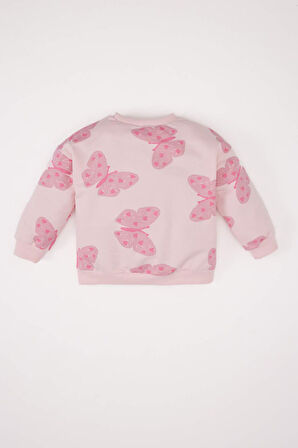 Kız Bebek Bisiklet Yaka Kelebek Desenli İçi Yumuşak Tüylü Sweatshirt