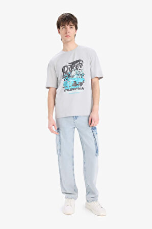 DeFacto %100 Pamuk Boxy Fit Bisiklet Yaka Baskılı Kısa Kollu Tişört D5586AX25SPGR91