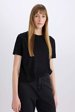 DeFacto Relax Fit Bisiklet Yaka Simli Kumaş Kısa Kollu Siyah Tişört C1662AX25SPBK81