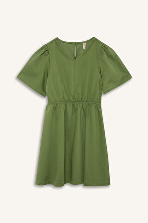 DeFacto Kız Çocuk Standart Fit V Yaka Gabardin Kısa Kollu Elbise E2645A825SMGN744
