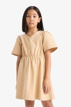 DeFacto Standart Fit V Yaka Gabardin Kısa Kollu Elbise Kız Çocuk E2645A825SMBG388