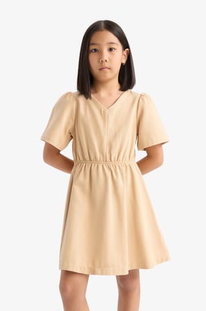 DeFacto Standart Fit V Yaka Gabardin Kısa Kollu Elbise Kız Çocuk E2645A825SMBG388