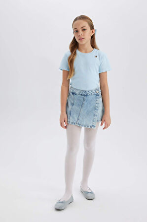 DeFacto Kız Çocuk Slim Fit Dar Kesim Bisiklet Yaka İşlemeli Fitilli Kaşkorse Kısa Kollu Tişört B6925A825SMBE440