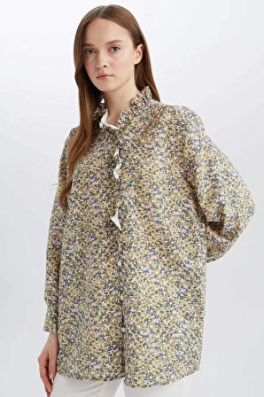 DeFacto Regular Fit Çiçekli Uzun Kollu Tesettür Gömlek Tunik E1796AX25SPGN658