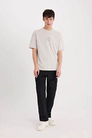 DeFacto %100 Pamuk Boxy Fit Bisiklet Yaka Sırt Baskılı Kısa Kollu Tişört D9342AX25SPGR503