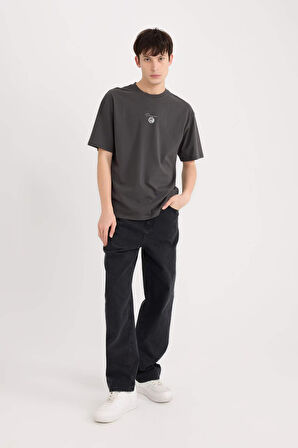 DeFacto %100 Pamuk Boxy Fit Bisiklet Yaka Sırt Baskılı Kısa Kollu Tişört E1485AX25SPAR221