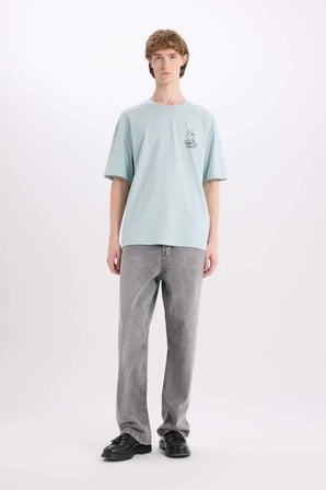 Defacto D6774 Mavi %100 Pamuk Looney Tunes Boxy Fit Bisiklet Yaka Baskılı Kısa Kollu Tişört