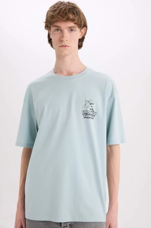 Defacto D6774 Mavi %100 Pamuk Looney Tunes Boxy Fit Bisiklet Yaka Baskılı Kısa Kollu Tişört