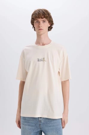 Defacto E3267 Ekru %100 Pamuk Rick and Morty Boxy Fit Bisiklet Yaka Baskılı Kısa Kollu Tişört