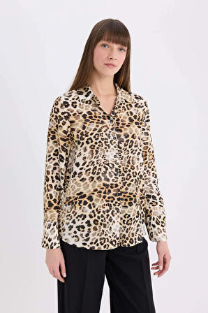 Regular Fit Leopar Desenli Uzun Kollu Gömlek
