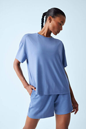 DeFactoFit Oversize Geniş Kalıp Bisiklet Yaka Sporcu Modal Kısa Kollu Tişört E2932AX25SMIN34