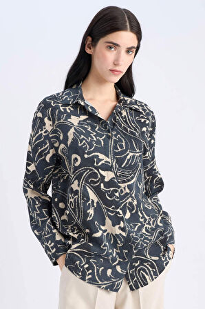 Oversize Geniş Kalıp Desenli Uzun Kollu Gömlek