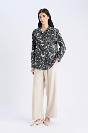 Oversize Geniş Kalıp Desenli Uzun Kollu Gömlek