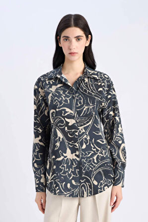 Oversize Geniş Kalıp Desenli Uzun Kollu Gömlek