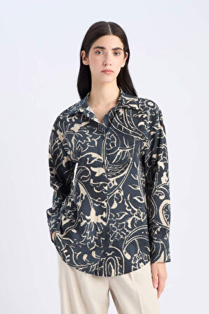 Oversize Geniş Kalıp Desenli Uzun Kollu Gömlek