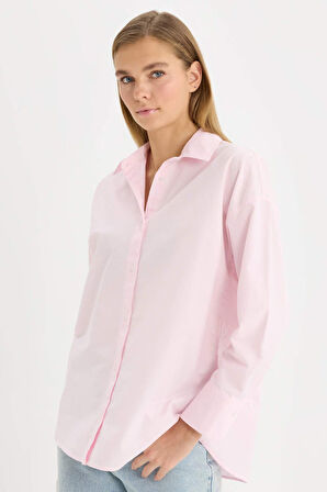 Oversize Fit Basic Düz Oxford Uzun Kollu Gömlek