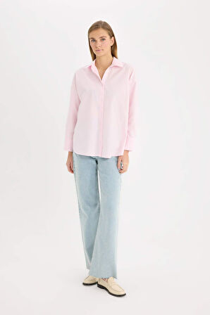 Oversize Fit Basic Düz Oxford Uzun Kollu Gömlek