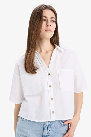 DeFacto Boxy Fit Cepli Basic Düz Kısa Kollu Gömlek V2523AZ25SPWT34