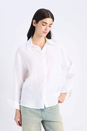DeFacto %100 Keten Oversize Geniş Kalıp Uzun Kollu Beyaz Gömlek Z6638AZ25SPWT79