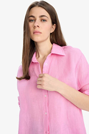 Oversize Geniş Kalıp Basic Düz Pembe Keten Uzun Kollu Gömlek