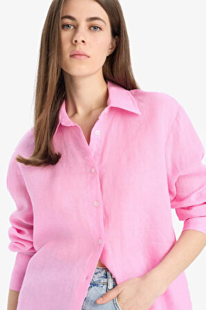 Oversize Geniş Kalıp Basic Düz Pembe Keten Uzun Kollu Gömlek