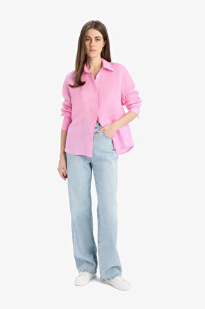 Oversize Geniş Kalıp Basic Düz Pembe Keten Uzun Kollu Gömlek