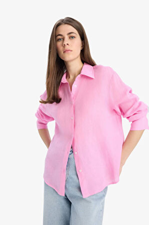 Oversize Geniş Kalıp Basic Düz Pembe Keten Uzun Kollu Gömlek