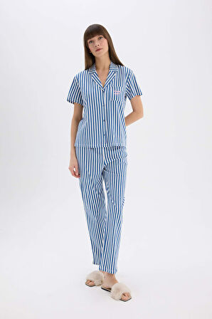 DeFacto Pijama Takımı Çizgili Kısa Kollu Üst Esnek Belli Uzun Altı-Fall in Love E0275AX25SPIN33