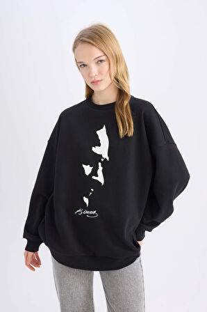 DeFacto Oversize Geniş Kalıp Bisiklet Yaka Atatürk Baskılı Sweatshirt E5445AX24WNBK81