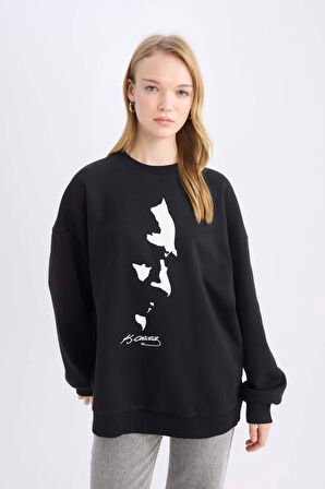 DeFacto Oversize Geniş Kalıp Bisiklet Yaka Atatürk Baskılı Sweatshirt E5445AX24WNBK81