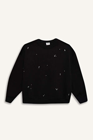 Kız Çocuk Yılbaşı Temalı Oversize Geniş Kalıp Bisiklet Yaka Pötikareli İçi Yumuşak Tüylü Kalın Sweatshirt Kumaşı Sweatshirt