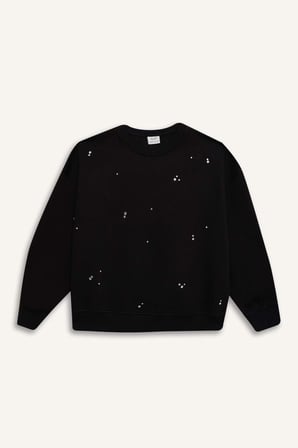 DeFacto Yılbaşı Temalı Oversize Geniş Kalıp Bisiklet Yaka Taşlı İçi Yumuşak Tüylü Sweatshirt Kız Çocuk D5420A824WNBK81