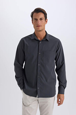 DeFacto Regular Fit Polo Yaka Basic Düz Gofre Uzun Kollu Gömlek D8713AX25SPAR15