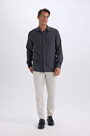 DeFacto Regular Fit Polo Yaka Basic Düz Gofre Uzun Kollu Gömlek D8713AX25SPAR15