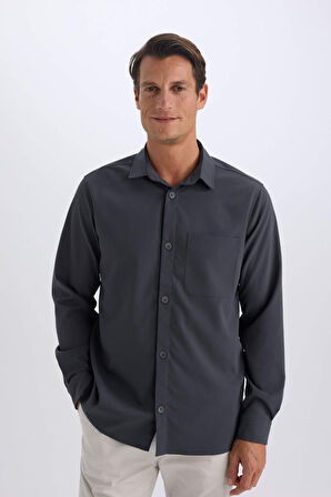 DeFacto Regular Fit Polo Yaka Basic Düz Gofre Uzun Kollu Gömlek D8713AX25SPAR15