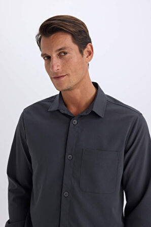 DeFacto Regular Fit Polo Yaka Basic Düz Gofre Uzun Kollu Gömlek D8713AX25SPAR15