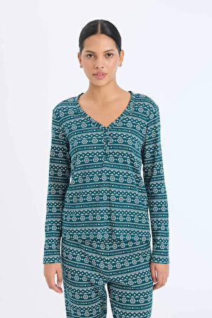 DeFacto Fall in Love Pijama Takımı Waffle Kumaş Uzun Kollu Üst Esnek Belli Uzun Alt D2284AX24WNGN1040