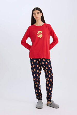 Fall in Love Pijama Takımı Uzun Kollu Ayıcık Baskılı Üst Esnek Belli Desenli Pijama Alt