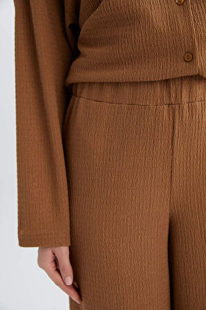 Straight Fit Beli Lastikli Basic Düz Bürümcük Geniş Paça Pantolon