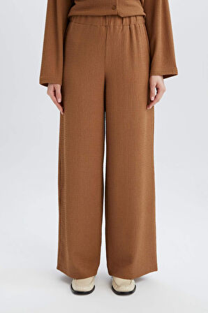 Straight Fit Beli Lastikli Basic Düz Bürümcük Geniş Paça Pantolon