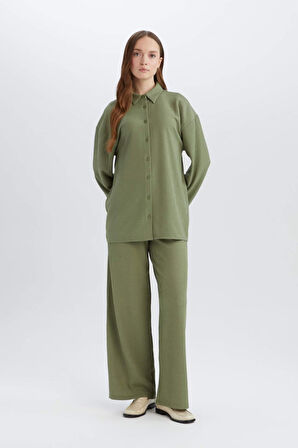 Straight Fit Beli Lastikli Basic Düz Bürümcük Geniş Paça Pantolon